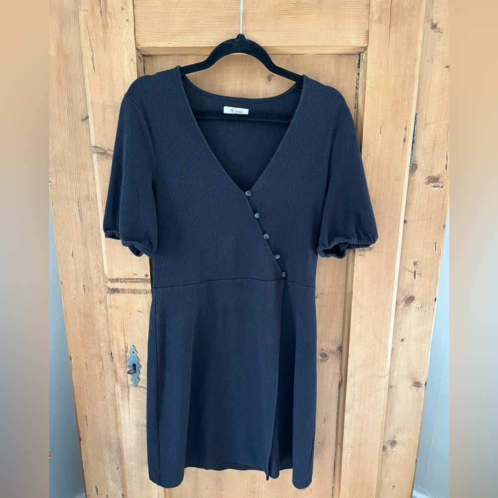 Madewell Black Midi V-Neck Dress with Button Trim